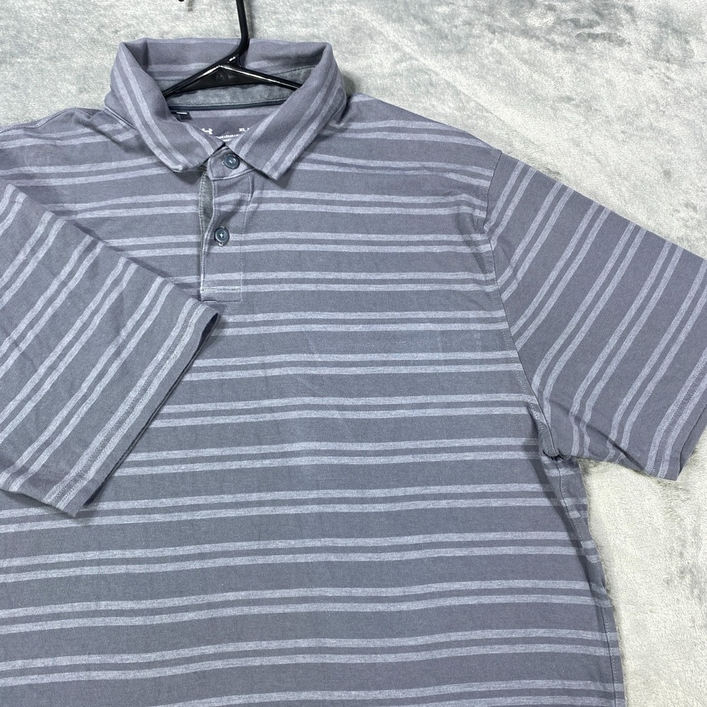 Under Armour Performance Polo Mens XL Gray Heat Gear Loose Short Sleeve Striped
